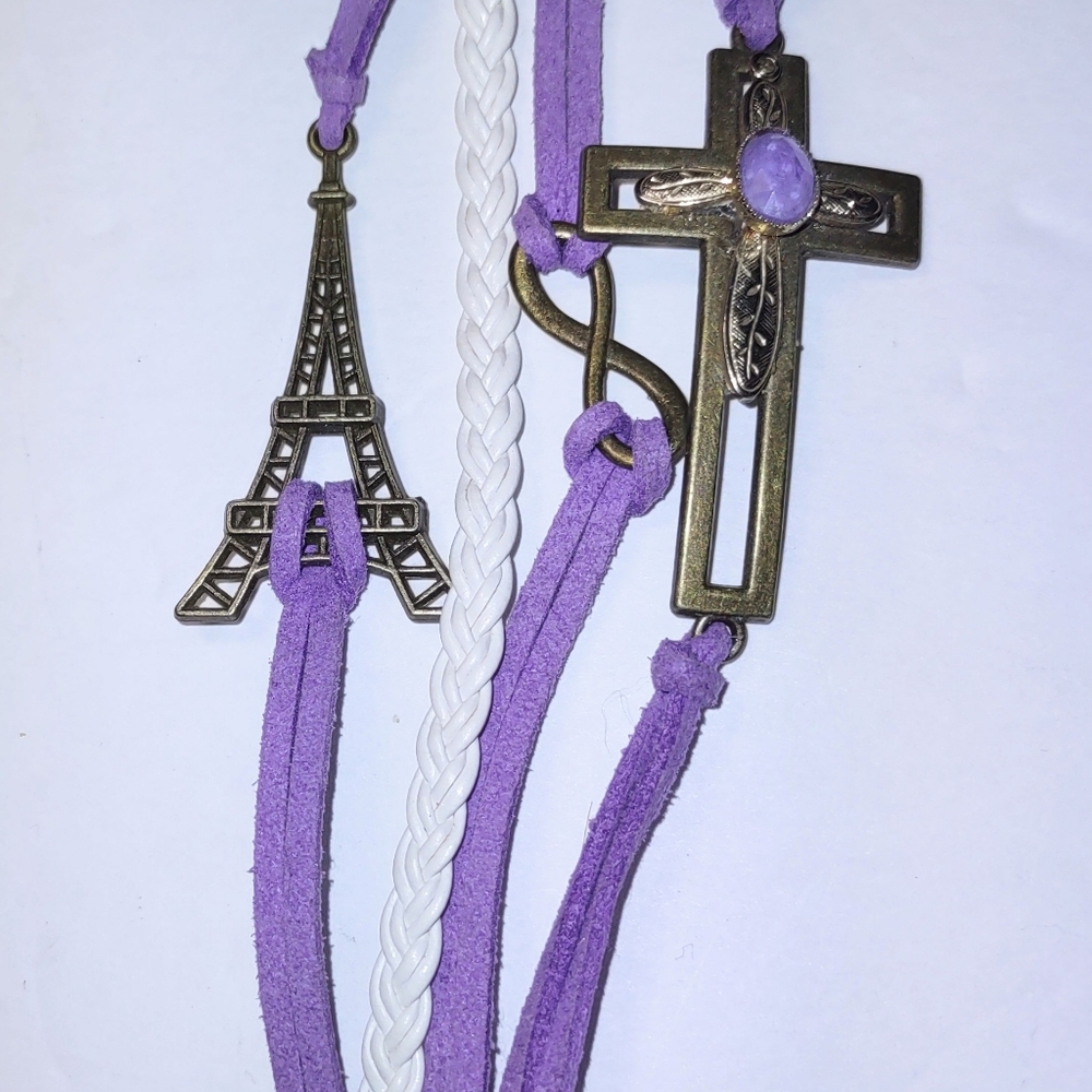 Eiffel Tower, Cross, Infinity Friendship Bracelet Purple Suede